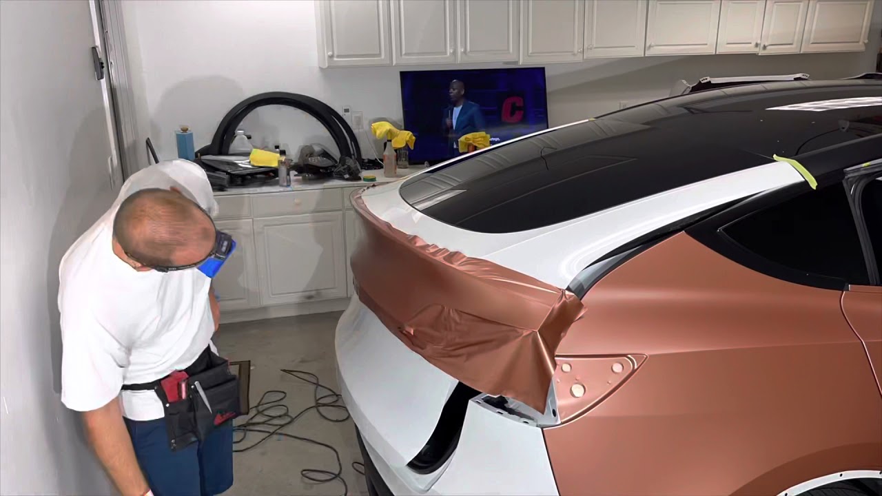 Mind Blowing Tesla model Y Disassembly/Vinyl Wrap/Pillar Delete Timelapse in KPMF Rose Gold
