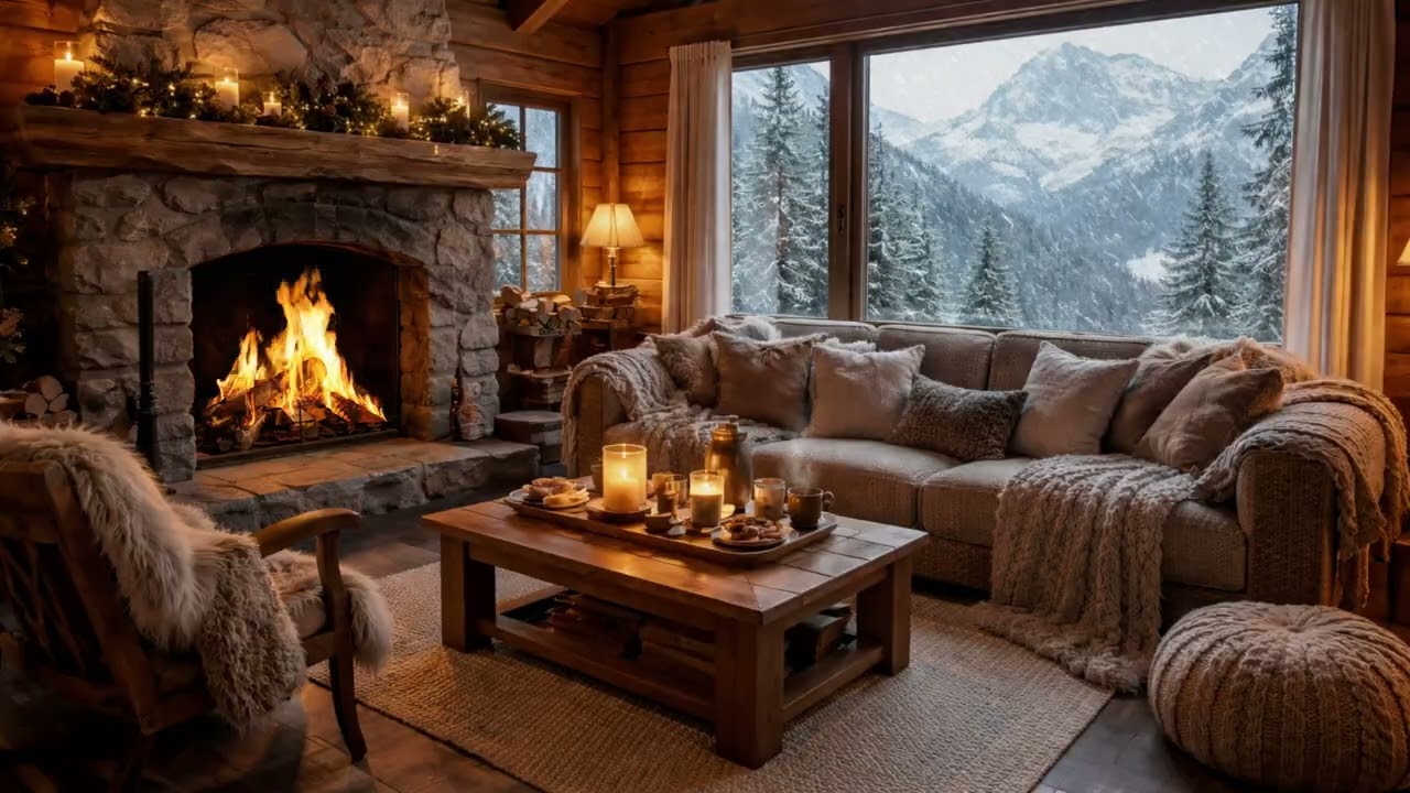 Cozy Cabin In The Mountains ❄️ Warm Winter Ambience with Crackling Fire & Snowfall