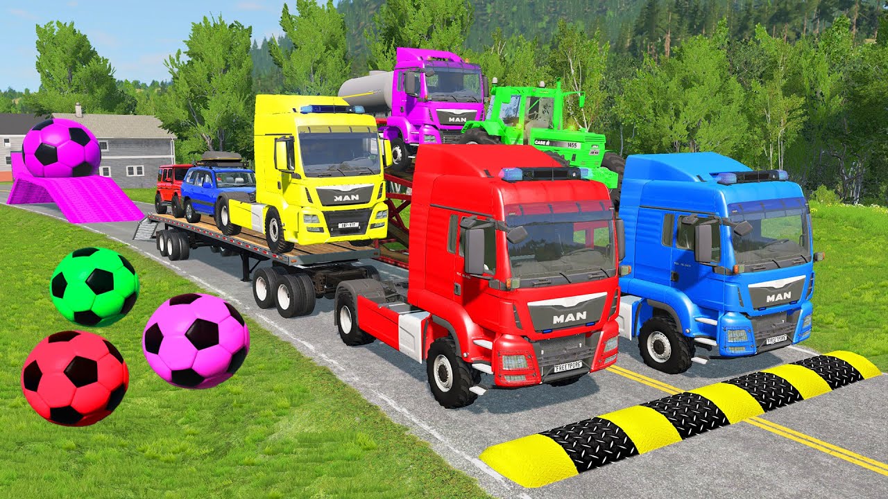 Triple Flatbed Trailer McQueen Transportation with Truck - Speedbumps vs Cars vs Train - BeamNG #43