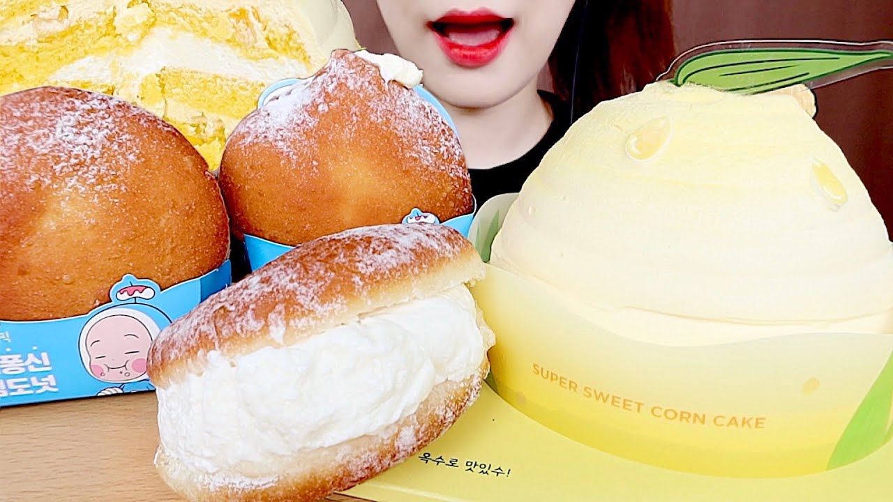 ASMR CORN CREAM CAKE, CREAM DONUT MUKBANG 뚜레쥬르 초당옥수수 생크림케이크, 크림 도넛 먹방 eating sounds
