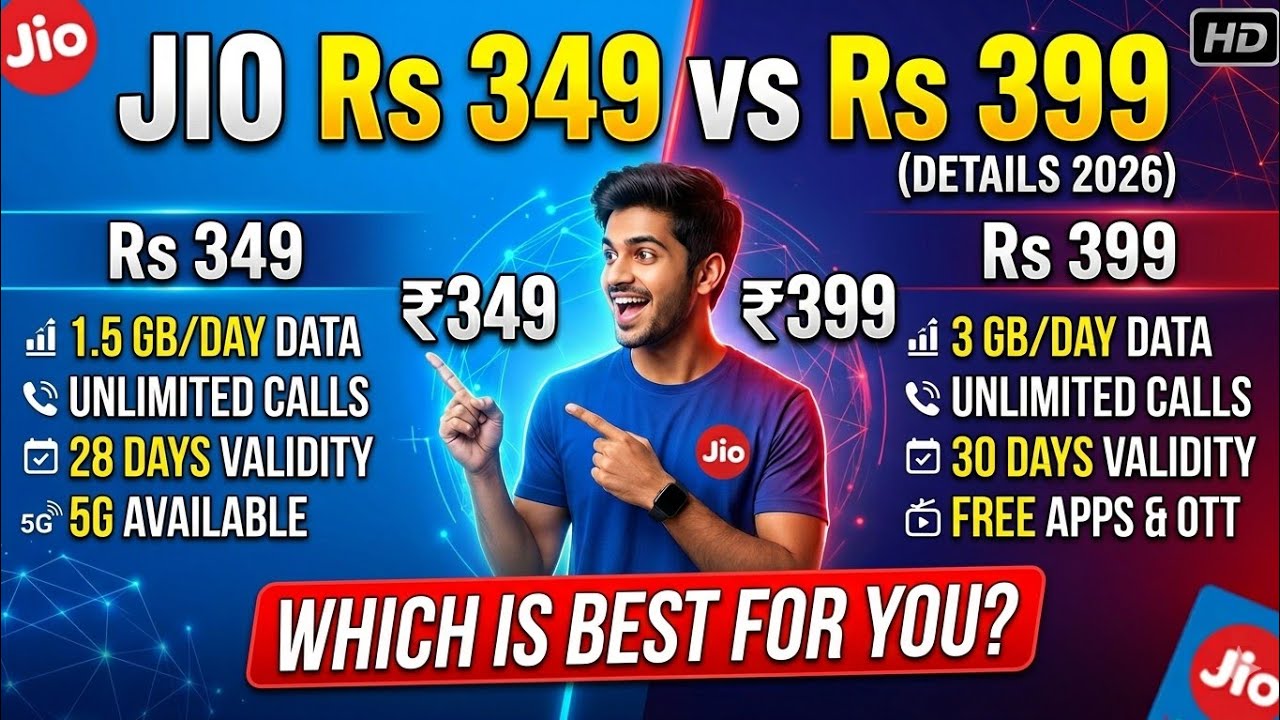 Jio Rs 349 Compare To Jio Rs 399 Plan Details 2026 | Jio 349 Plan Details | Jio 399 Plan Details 