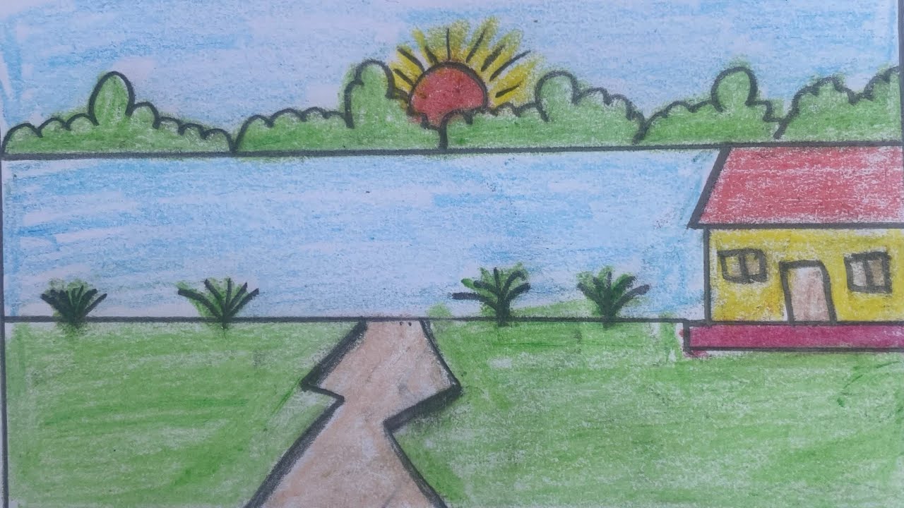 How To Draw a Simple Sunlight House Landscape || Village Scenery Drawing