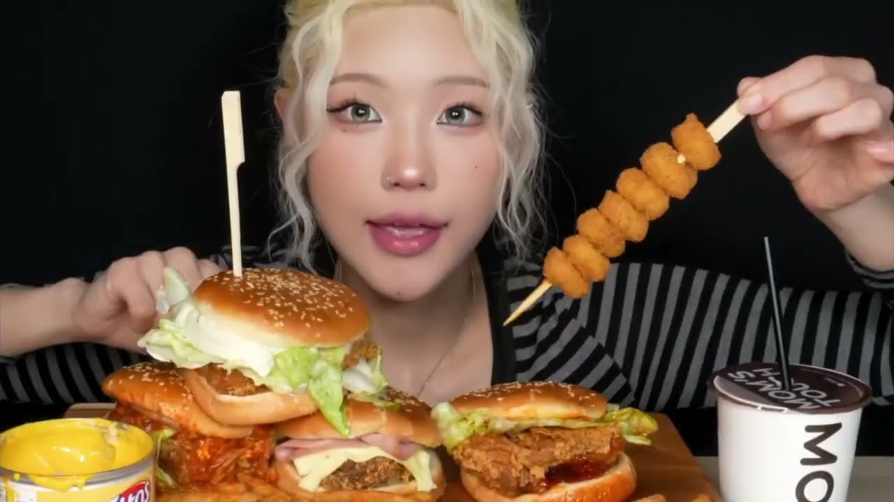 Mukbang Eating: cheese burgers 🍔 with french fries 🍟, chicken 🍗#mukbang #asmr #foodlover  