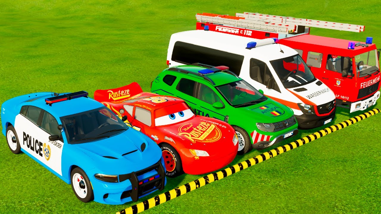 DACIA, MCQUEEN CAR, FORD POLICE CARS, AMBULANCE EMERGENCY TRANSPORTING WITH TRUCKS ! FS22 #3