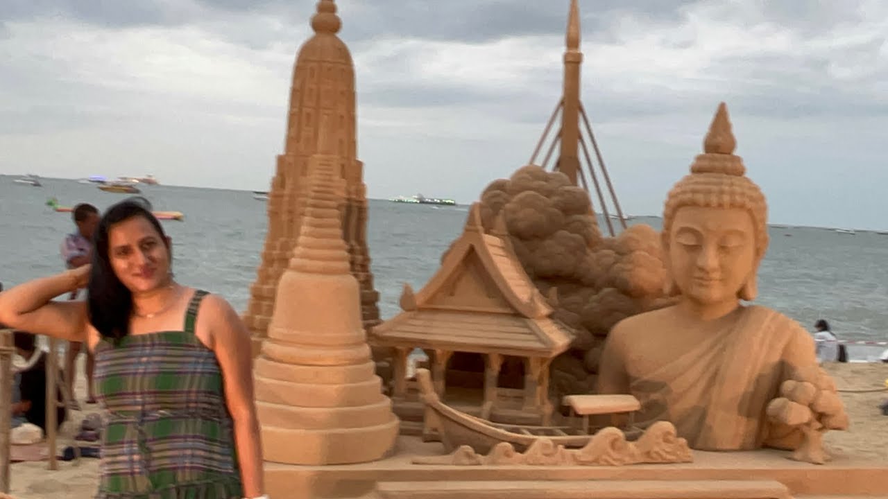 Amazing sand art works at pattaya central beach transforming the sand into moving digital art 