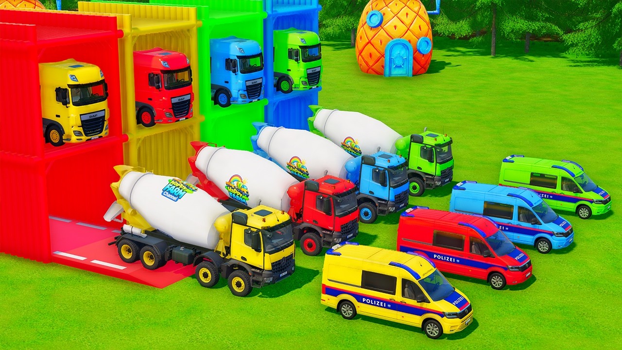 Garage with Colors - ALL MIXER TRUCK WITH DOUBLE FLATBED TRAILER TRUCK, VOLVO, DAF, MAN - FS22