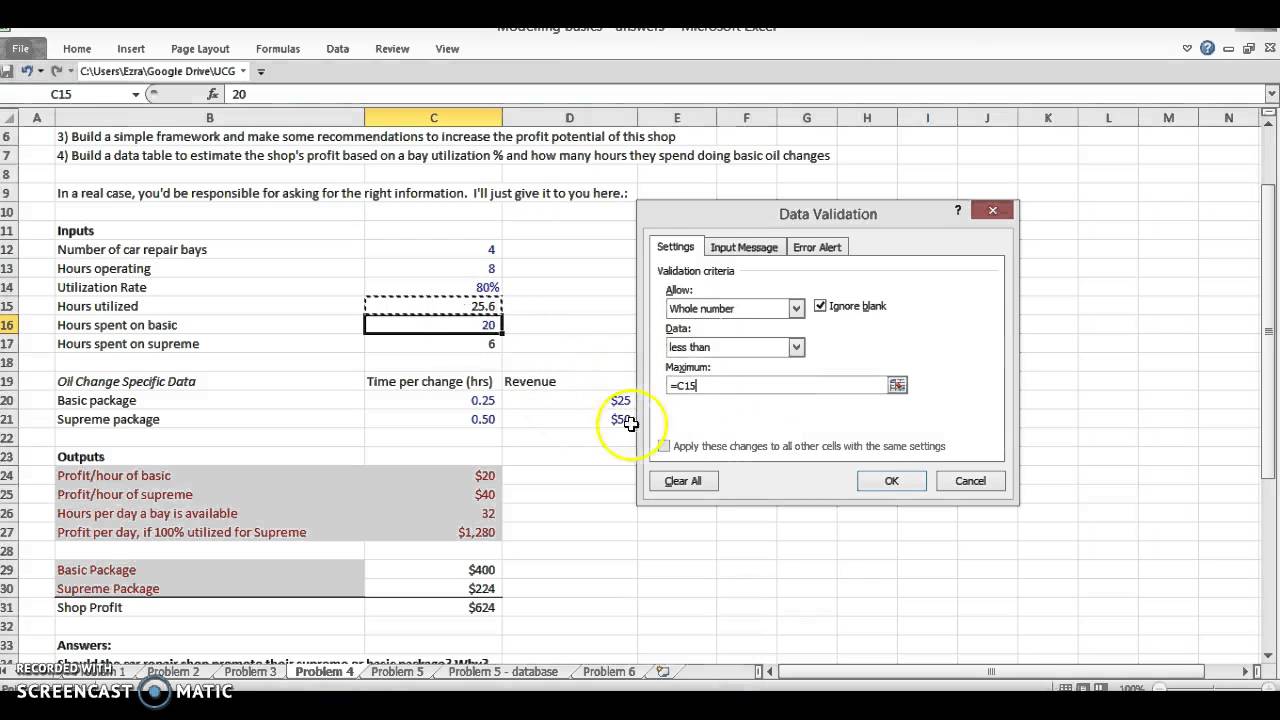 Excel Modeling Basics - data tables and validation