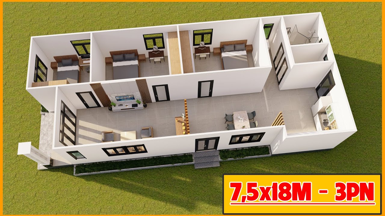 Gợi ý mặt bằng nhà cấp 4 3 phòng ngủ đẹp giá rẻ với diện tích 7,5x17M | Kiến Trúc Nhà Việt