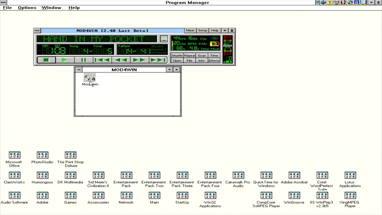 MOD4WIN (A *.mod/*.xm file Music Player); Windows 3.x [DEMO song]