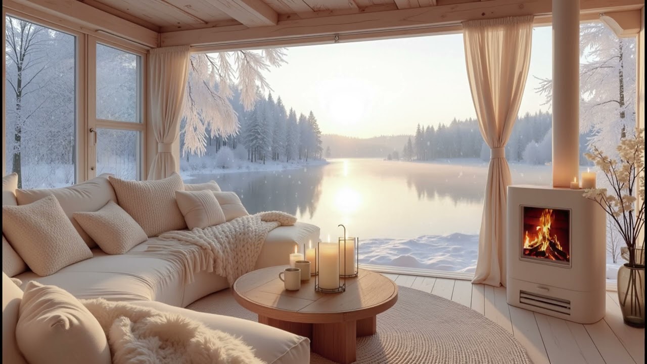 Beautiful January Lake Cabin ❄️ Soft Piano, Fire Sounds & Snowfall for Focus & Work