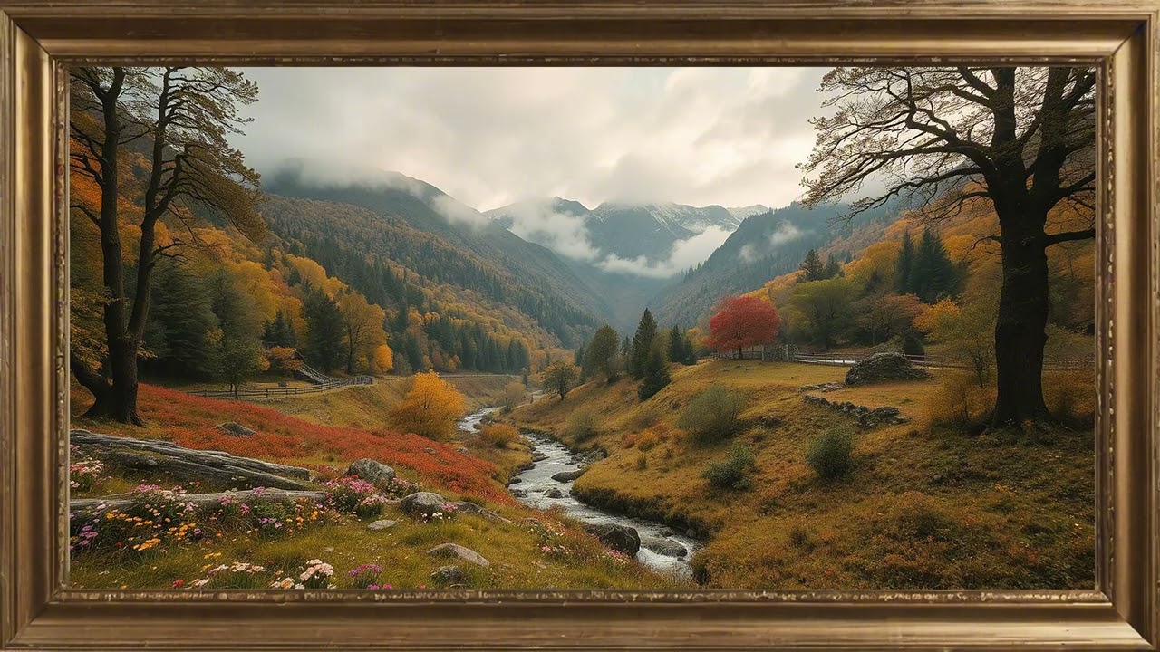 Mountain Landscape in Fall Colors. Gold framed Vintage art screensaver. 4k TV Painting background