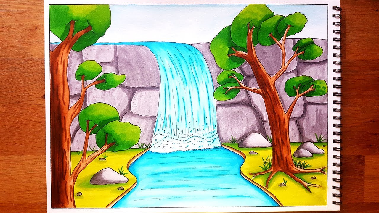 How to Draw A Waterfall Stream Scenery for Beginners| Step By Step