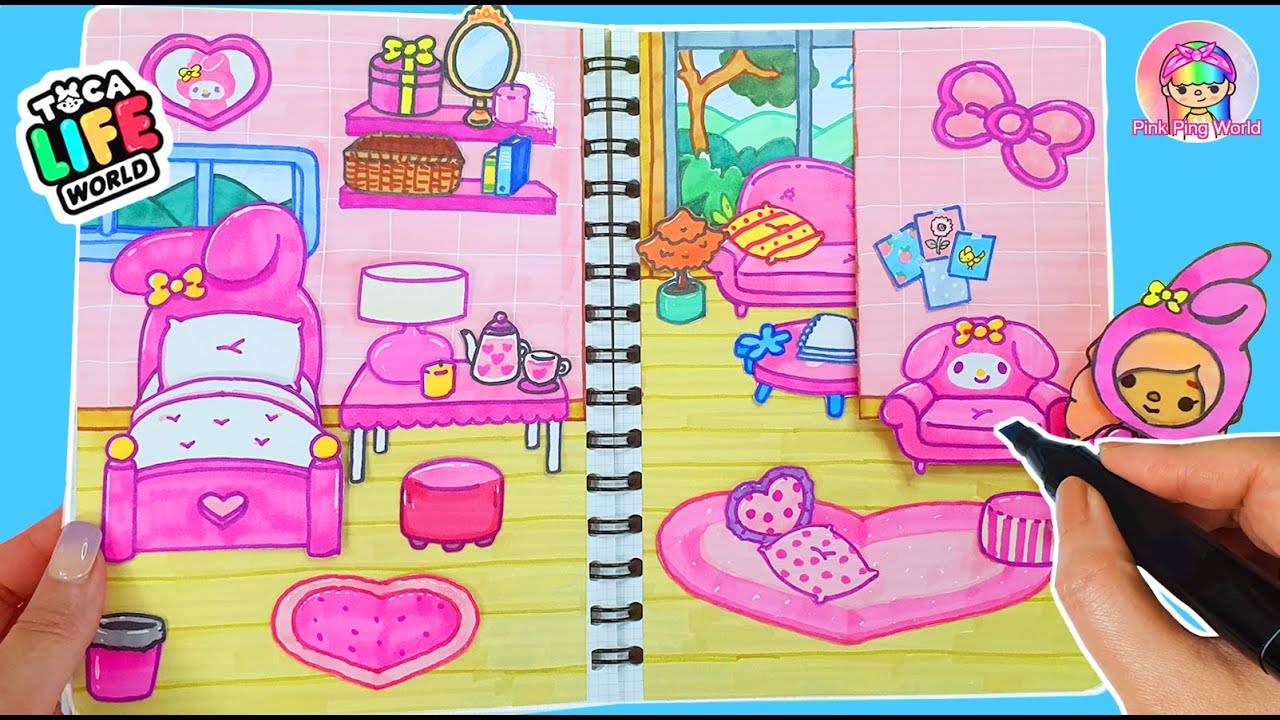 Toca Boca My Melody Room 💝 DIY Tutorial(Part1)-Wall, Floor, Furnitures Toca Life Paper Quiet Book