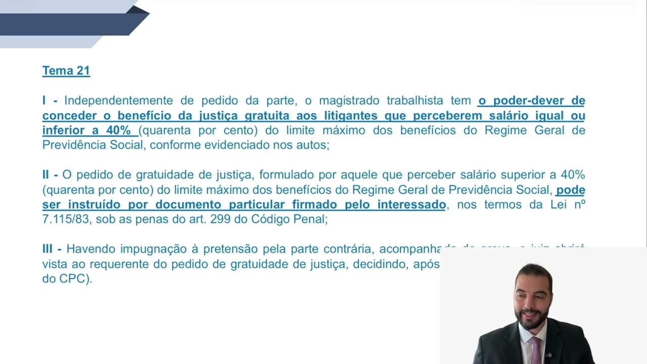 Súmula 463 TST (tema 21 IRR) - gratuidade de justiça no processo do trabalho