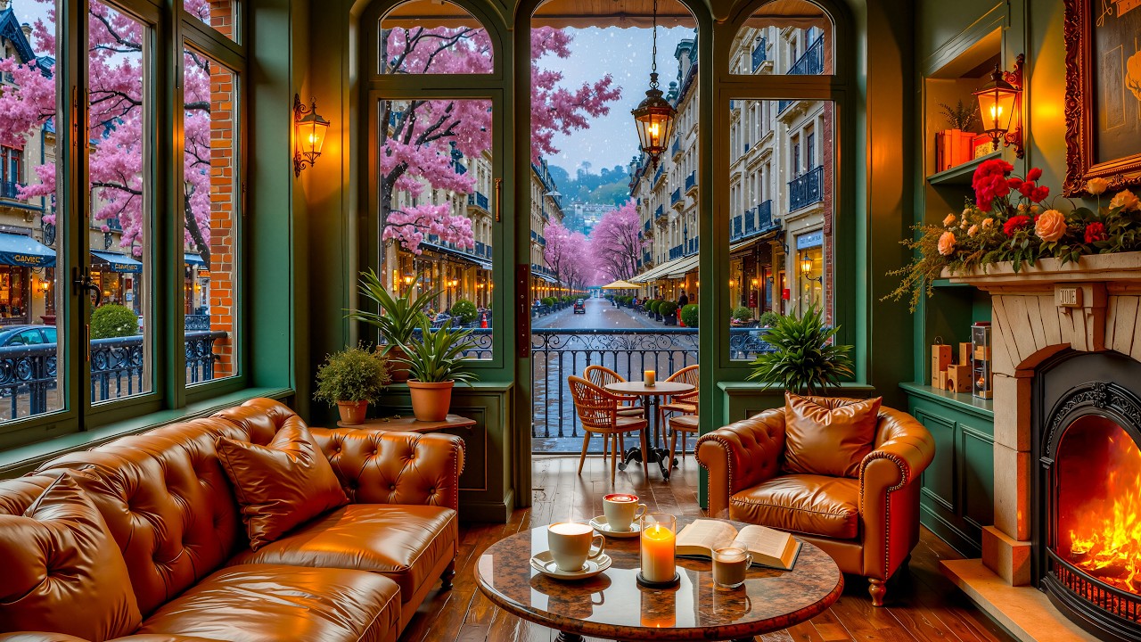 🌸 Cherry Blossom Café Evening 🌿 Cozy Fireplace & Romantic European Street Jazz for Sleep