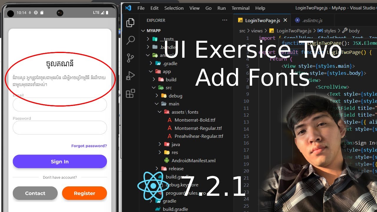 React Native Khmer 7.2.1 UI Exercise Two Add Font