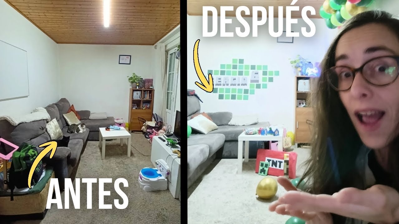 Transformo el salón en una fiesta sorpresa de Minecraft para mi hijo | Antes y después 