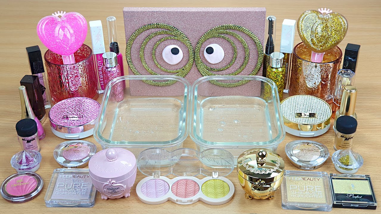 GOLD vs PINK SLIME Mixing makeup and glitter into Clear Slime Satisfying Slime Videos