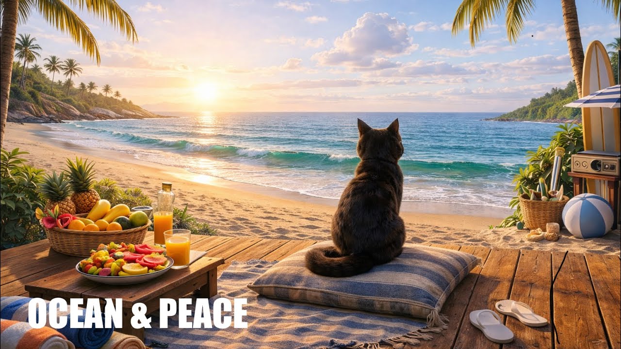 Morning Calm by the Sea 🌊 | Black Cat & Ocean Waves