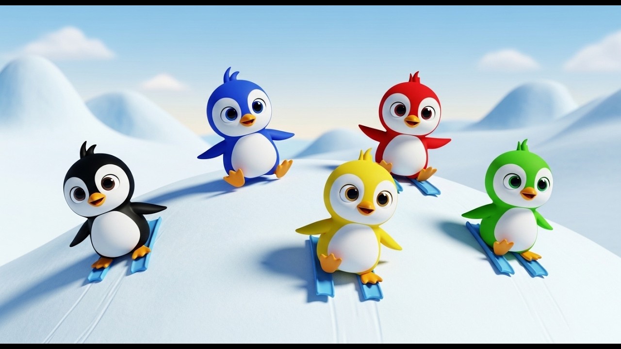 Tobogã dos Cinco Pequenos Amigos Pinguins | Rimas de Inverno e Canções Infantis