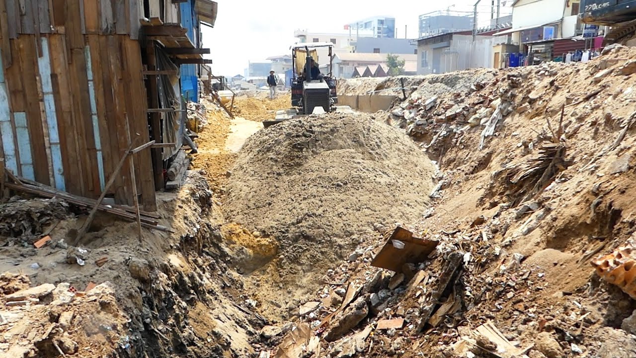 Incredible Old But Strong Bulldozer Pushing Sand and Rock Installing Foundation New Village Road