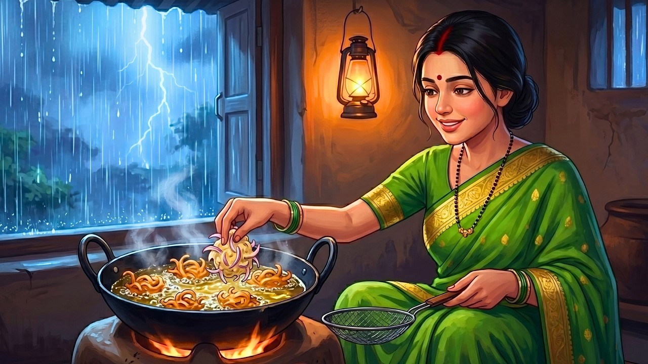 Rainy Evening in a 1990s Indian Village 🌧️ | Pakora & Masala Chai | Cozy Ghibli ASMR