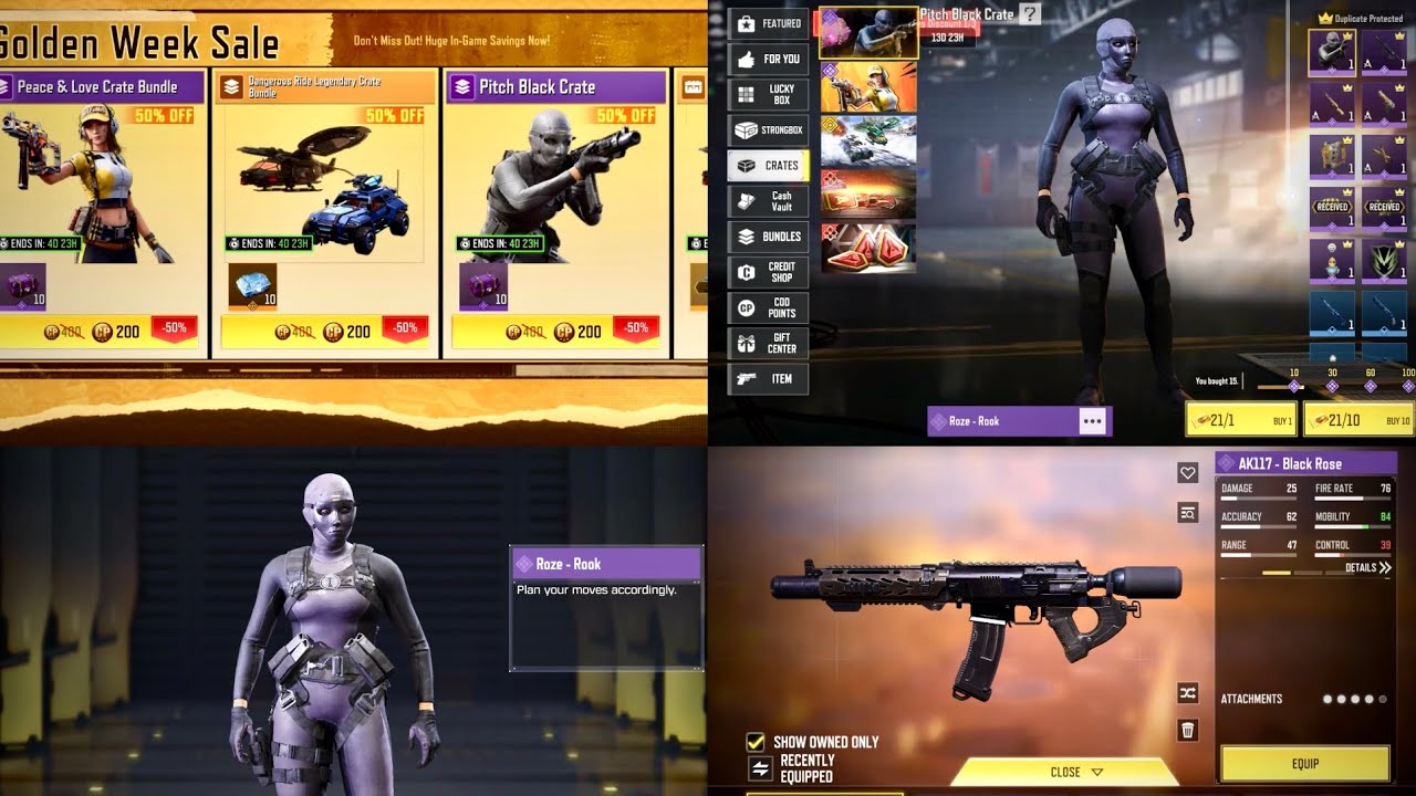 CODM SALE:PITCH BLACK CRATE 50%OFF😍CP+GOLD COUPONS🎫FULL DRAW|GOT ROZE+AK117 SKIN🖤💯#codm#gaming#video