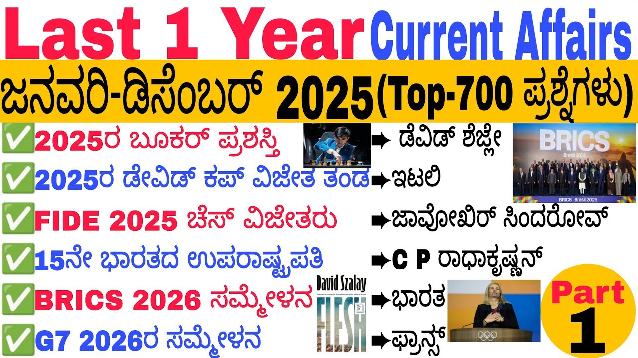 Last 1 Year Current Affairs Revision | January 2025 to Dec 2025 | Current Affairs MCQs 2025 kannada