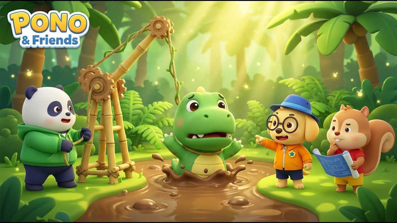 PONO & Friends: Stuck in the Sticky Swamp! 🦖🍯 | Baby Dino Rescue & Heavy Lifter Crane Adventure