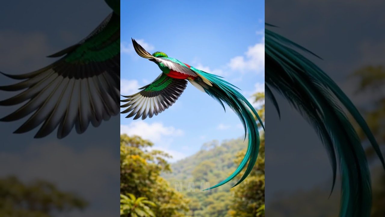 A resplendent quetzal bird flying in the sky 💗💗
