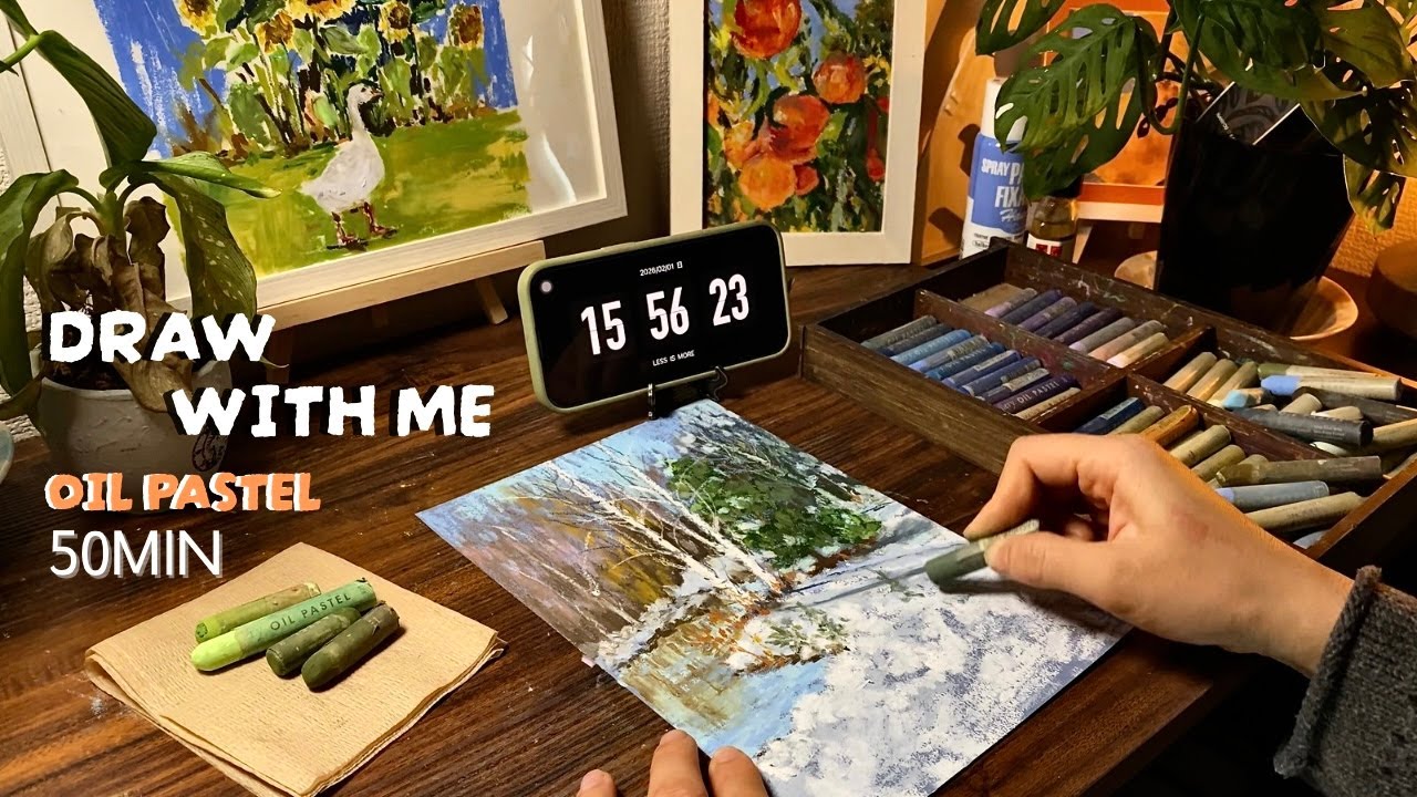 Draw with me – Oil pastel landscape | 50 minutes of calm drawing in Japan