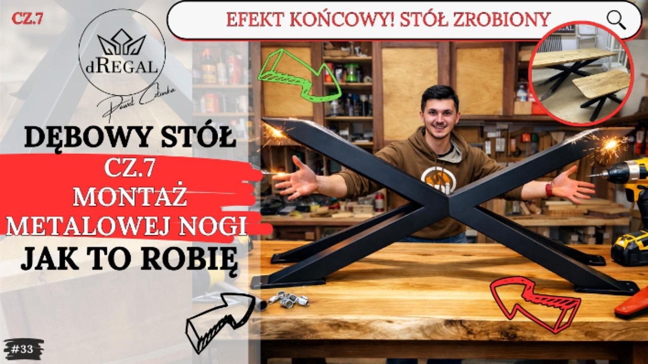 33. Cz7 Stół za kilka tysięcy… i teraz wiercę w nim dziury. Montaż metalowej nogi do dębowego blatu.