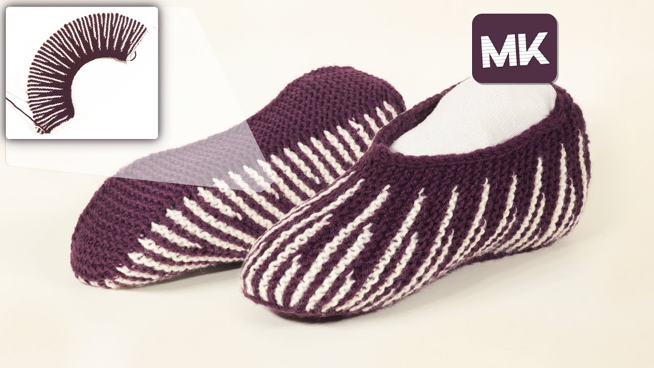 🆕 Полосатые домашние тапочки спицами /Striped slippers knitting pattern
