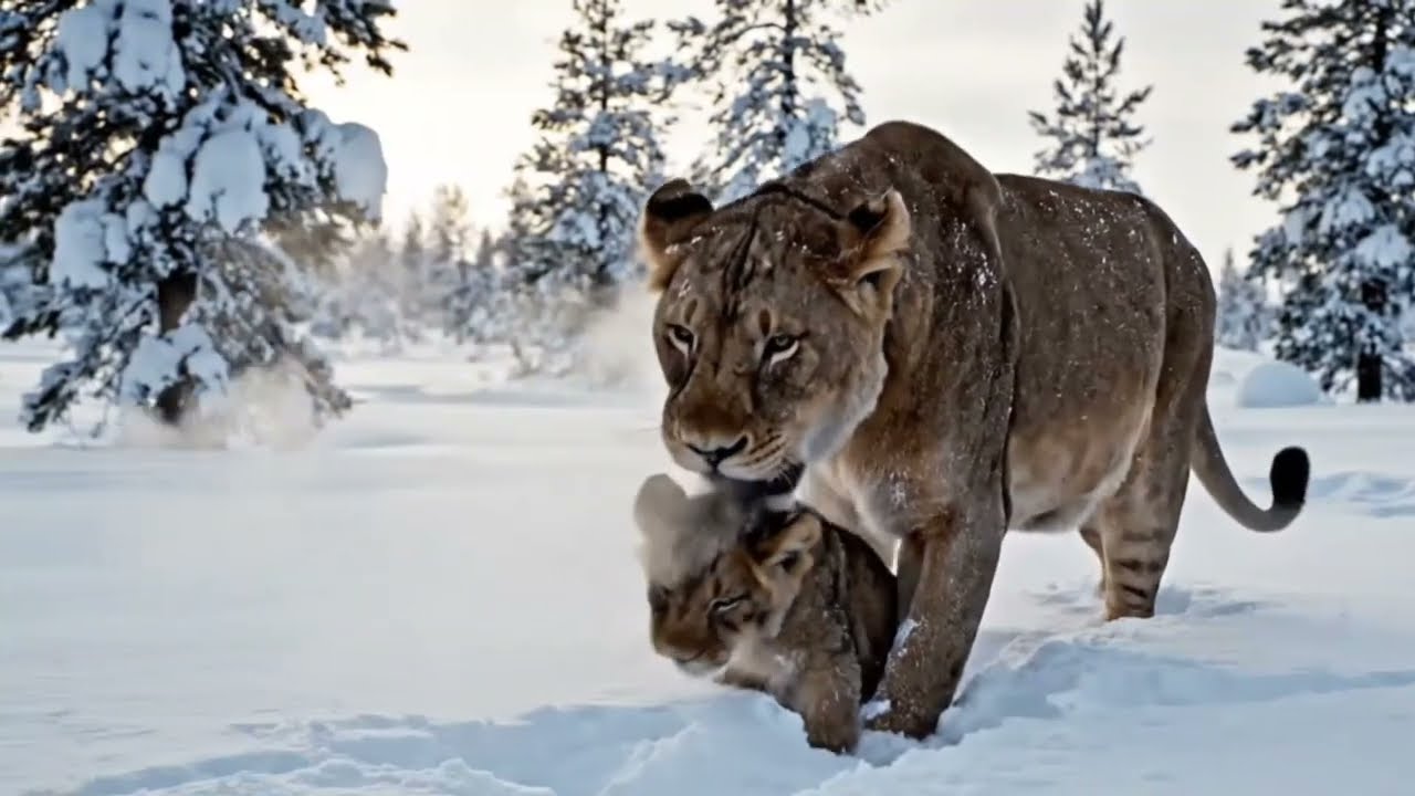A Mother’s Instinct in the Snow – Lioness & Cub Survival Story