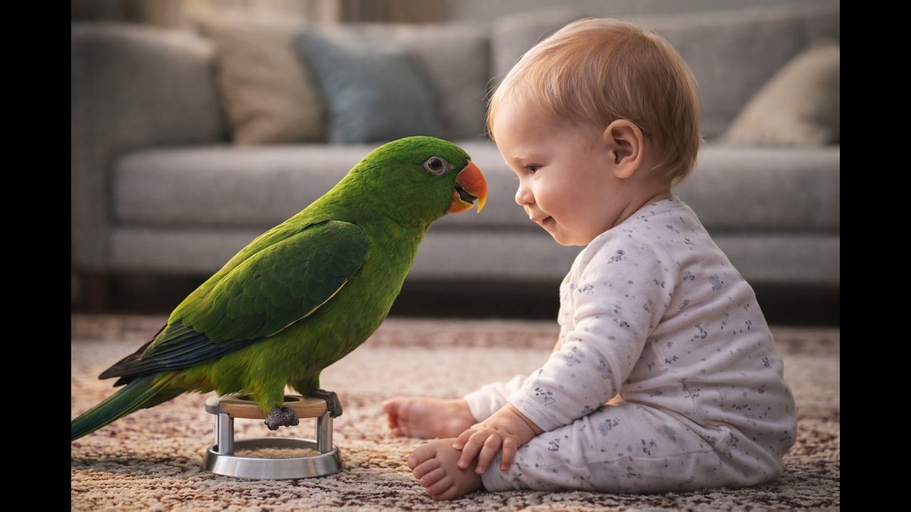 👶🦜 Baby and Green Parrot Face to Face Cute Moments | Heartwarming Friendship 💚