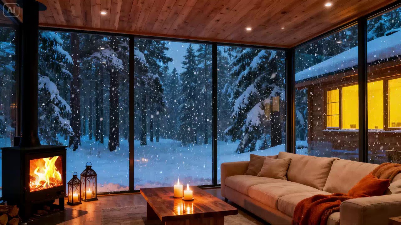 Winter Cabin Night Ambience  Cozy Fireplace Glow with Silent Snowfall for Deep Sleep