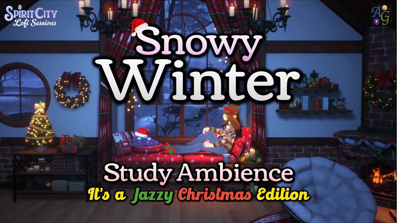 Snowy Winter Study Ambience ☃️📚🎷 1 HOUR Crackling Fire Christmas Background and Holiday Jazz🎄🎶