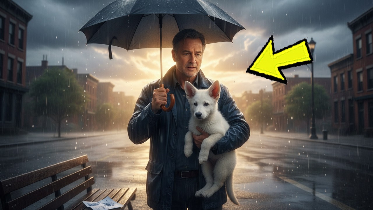Weißer Schäferhundwelpe allein im Regen – auf einer Supermarktbank zurückgelassen