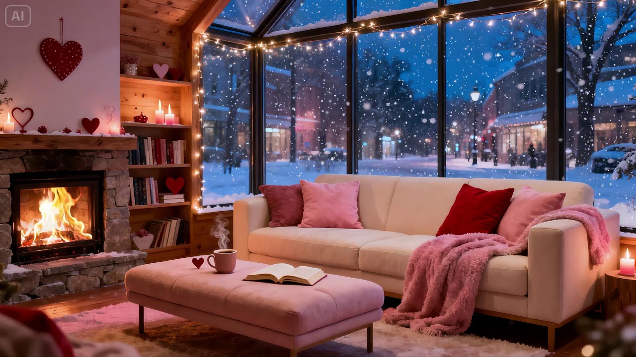 Romantic Cozy Pink Winter Night  Fireplace Glow & Calm Snowfall