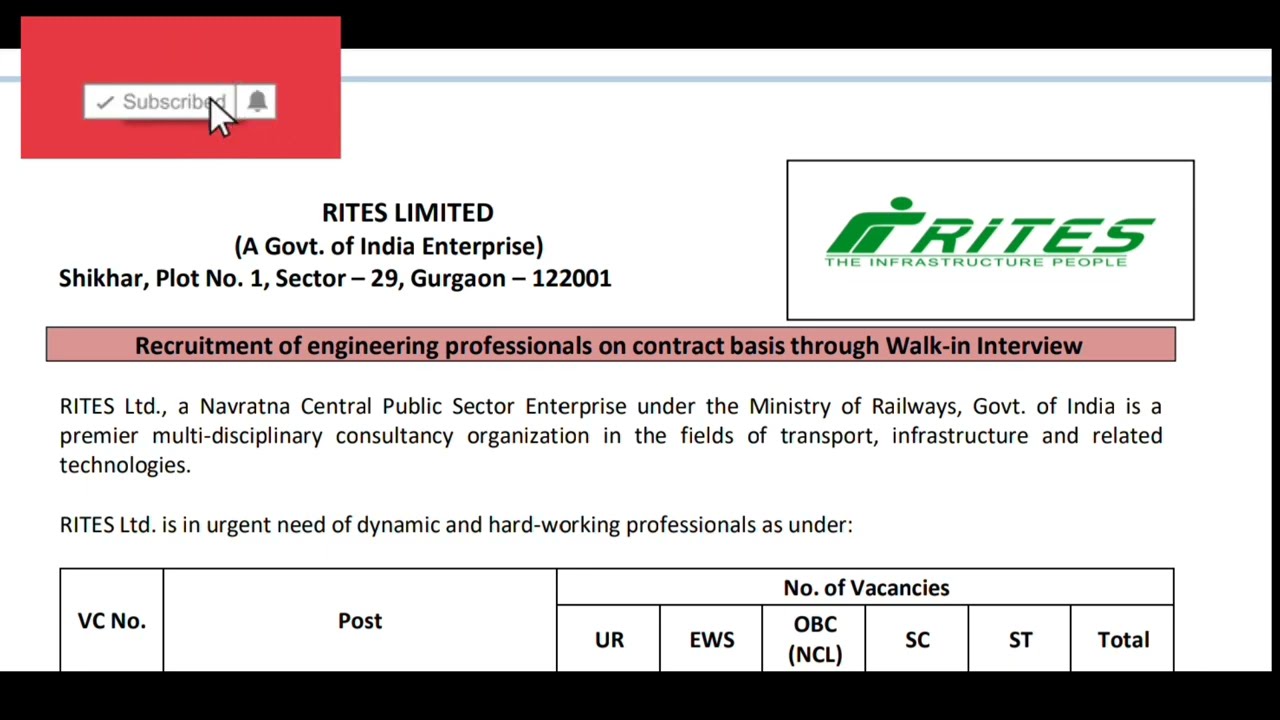 Rites recruitment video walk in interview now 22Nov to 24 nob