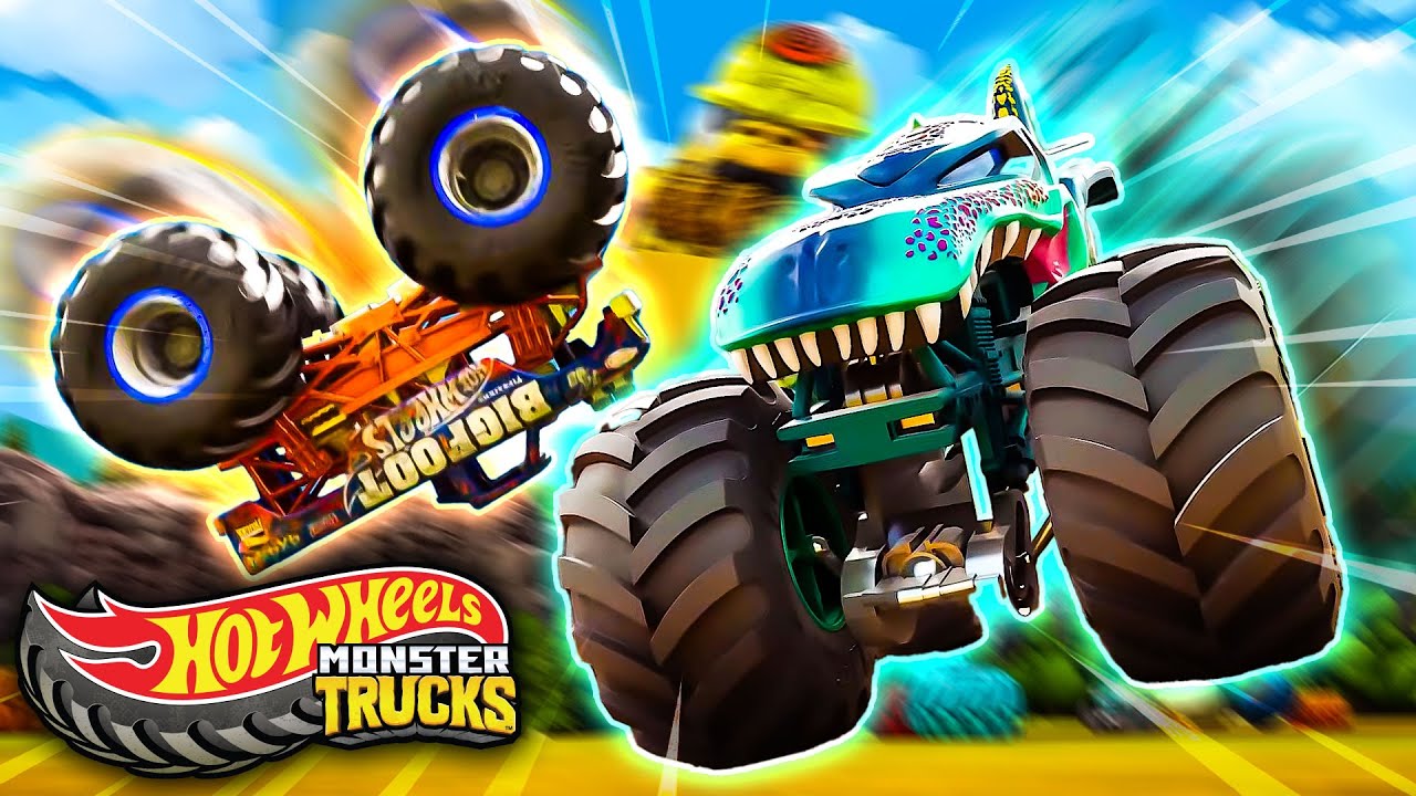 Hot Wheels Monster Trucks Take on Mega Wrex's Obstacle Course!