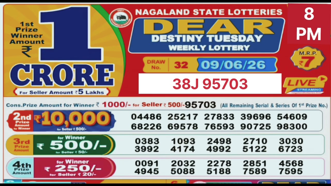 Destiny Tuesday weekly lottery result today 8 pm - 09/06/2026 - nagaland state lotteries.