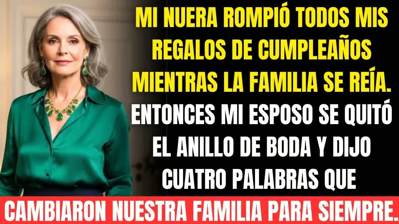 Mi nuera destrozó mis regalos y todos se burlaron…hasta que mi esposo se quitó el anillo y dijo…