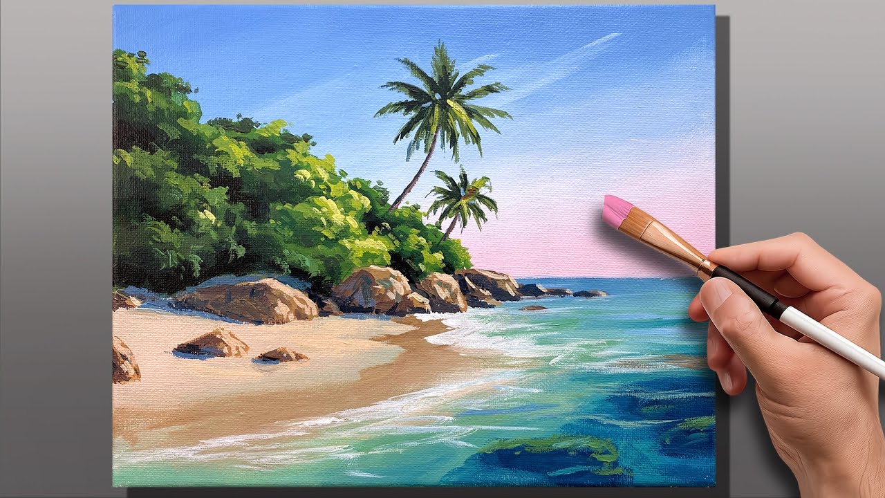 How to Paint Tropical Shore | Seascape Acrylic Painting