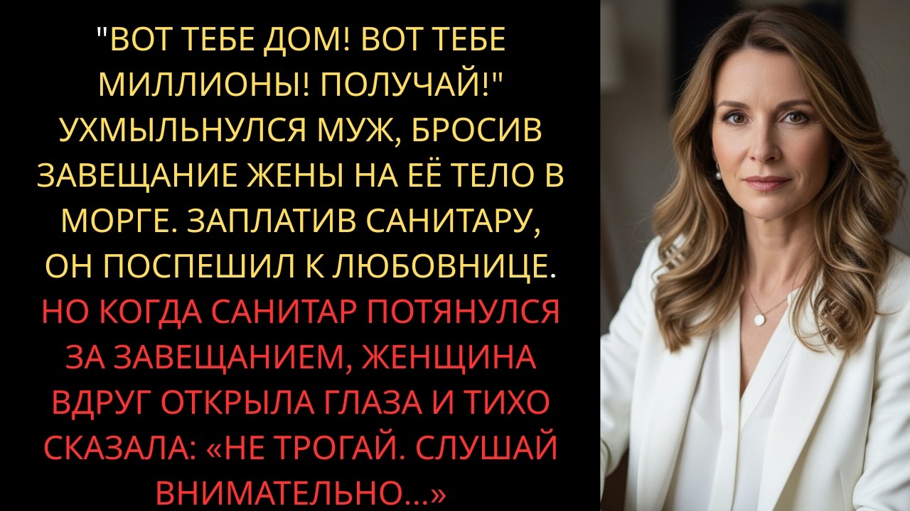 Вот тебе дом! Вот тебе миллионы! Получай! — ухмыльнулся муж бросив завещание жены на её тело в морге
