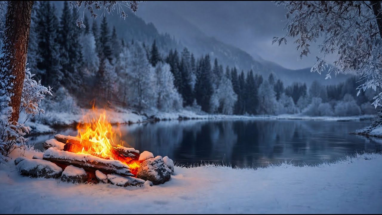 Fall Asleep Fast 😴 Misty Winter Campfire by the Lake with Forest Reflections & Cozy Ambience