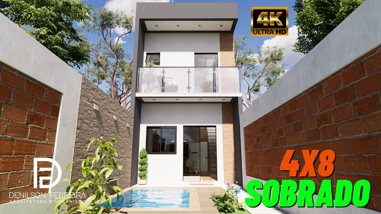 080 - Sobrado Moderno com 2 Quartos, Varanda e Piscina - Projeto Arquitetônico em Terreno de 4x20m