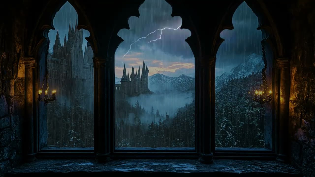 Stormy Fantasy Castle Window at Night, Soothing Rain Ambience for Deep Sleep and Rest