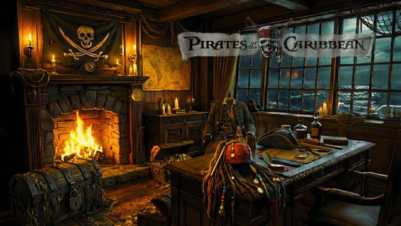 Trapped in Pirates of the Caribbean 🌊 Captain's Cabin Fireplace & Heavy Rain for Sleep & Study