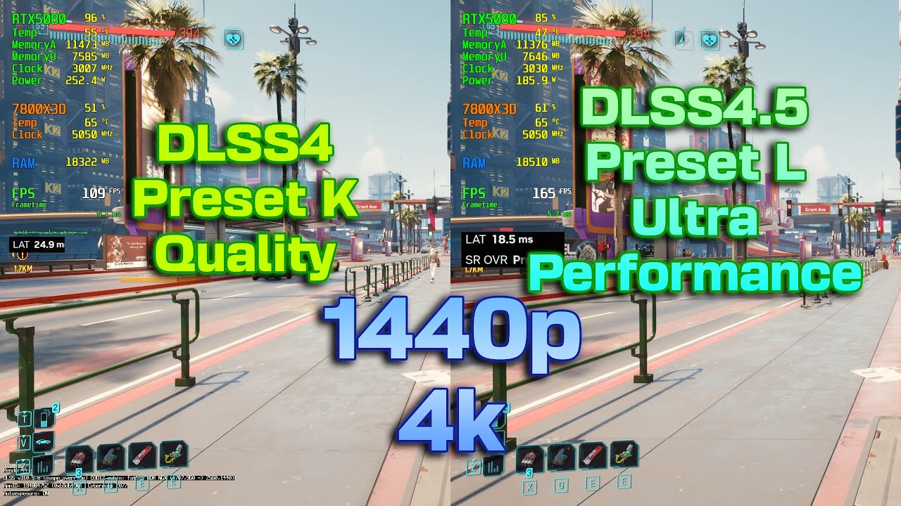 DLSS4.5 1440p и 4k, предустановка L Ultra Performance против предустановки K Quality